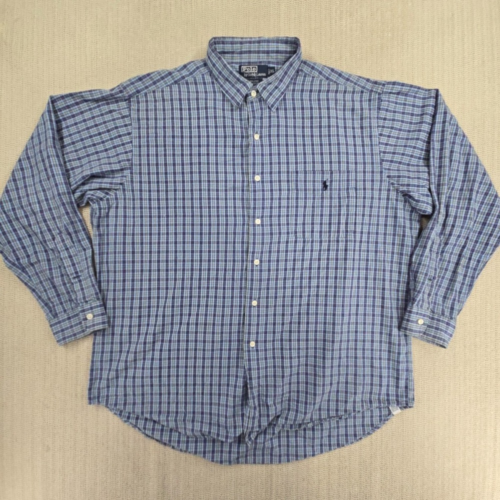 Polo Ralph Lauren Marlowe Shirt Mens XL Blue Check Plaid Classic Fit Vintage